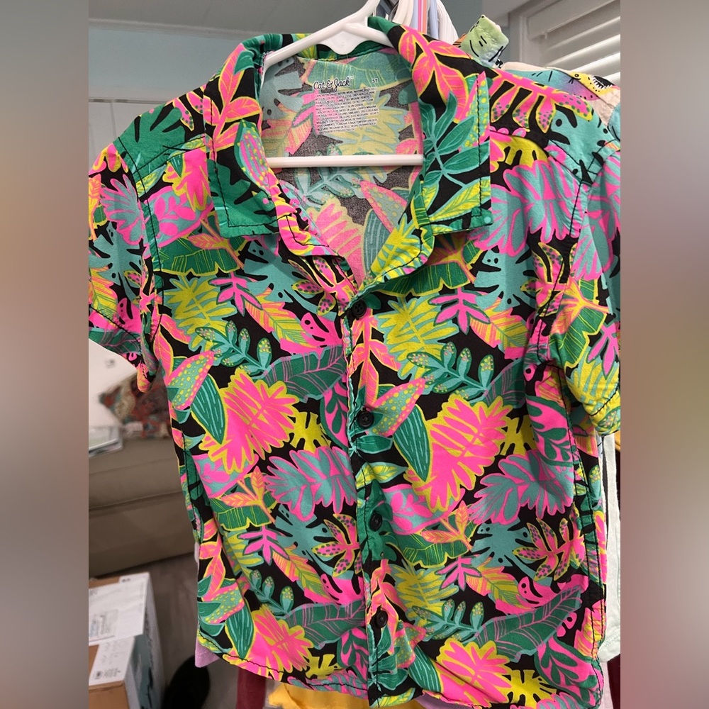 5T Cat and Jack Tropical Palm Hawaiian Black Neon Button Up